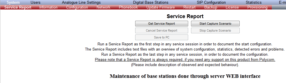 Service Report page - Logged on to IP address 192.168.0.1